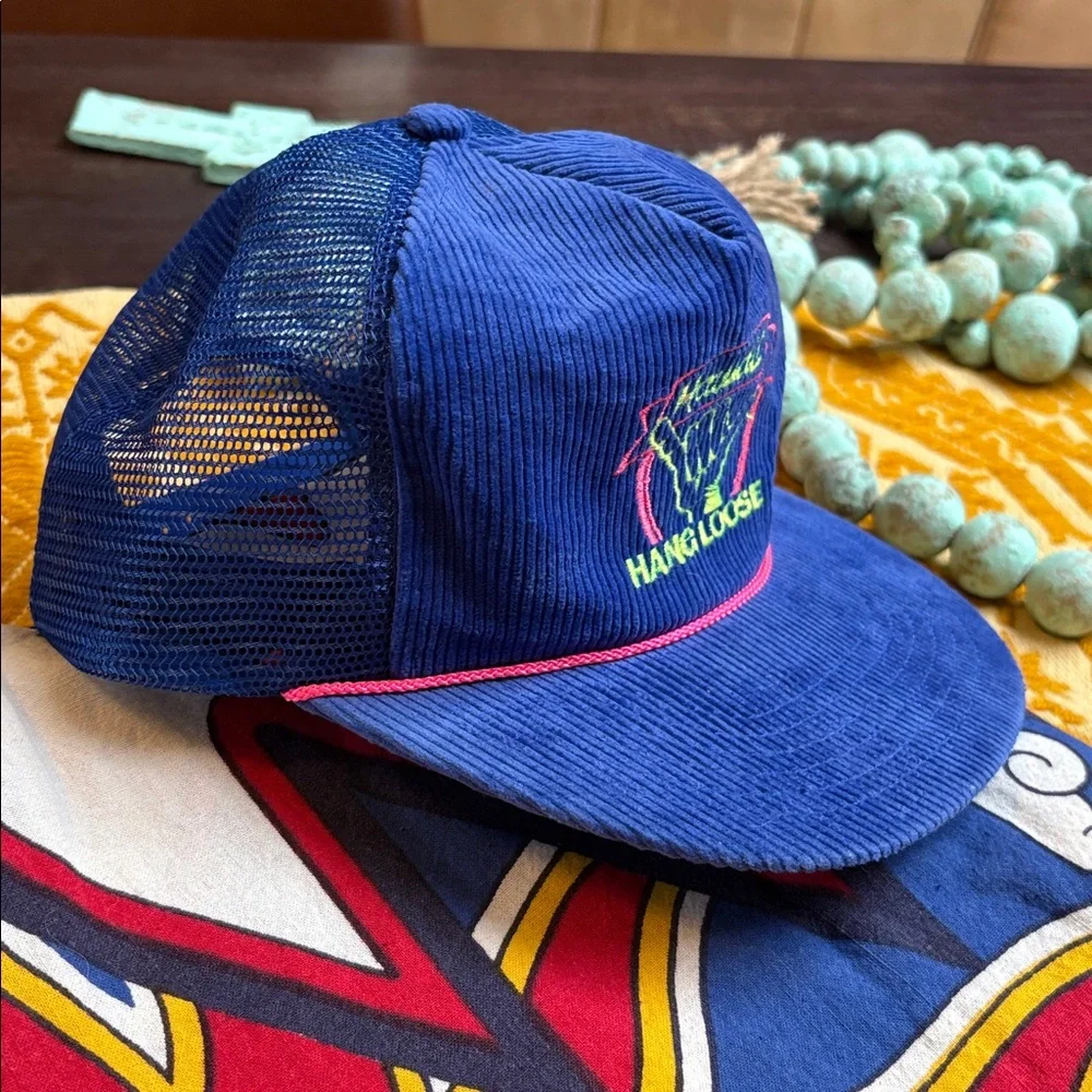 Vintage Hawaiian Headwear Hawaii Hang Loose Blue Corduroy Trucker Hat